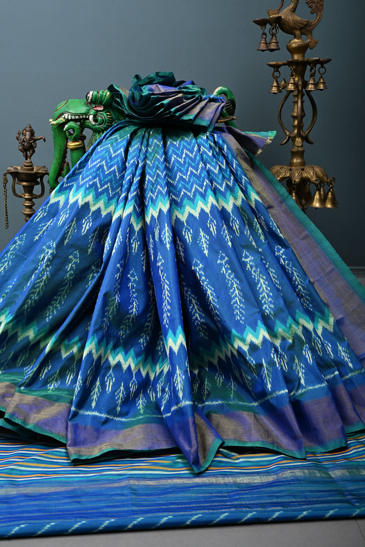 Peacock Blue Dual Tone  Pochampally Ikkat Pure Silk Saree with Multiple Design and Tissue Border | SILK MARK CERTIFIED | SHOBITAM