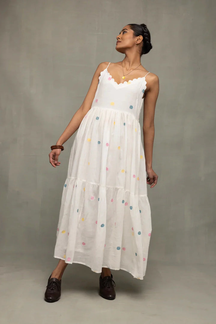 White Gulrang Pure Cotton Jamdani Dress | SHOBITAM
