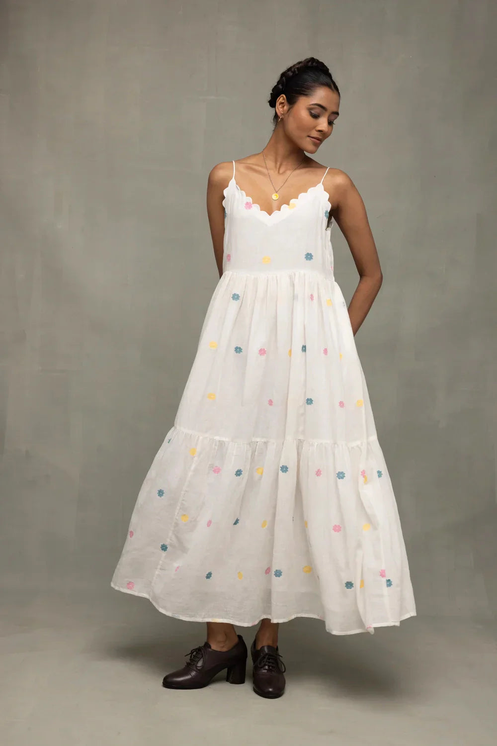 White Gulrang Pure Cotton Jamdani Dress | SHOBITAM