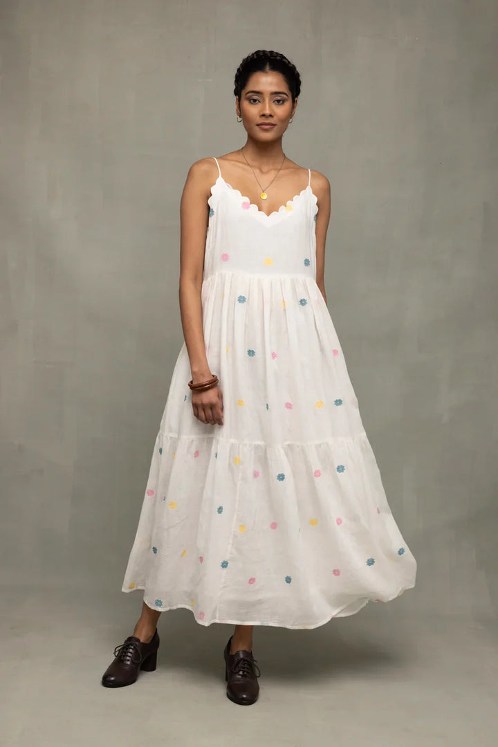 White Gulrang Pure Cotton Jamdani Dress | SHOBITAM