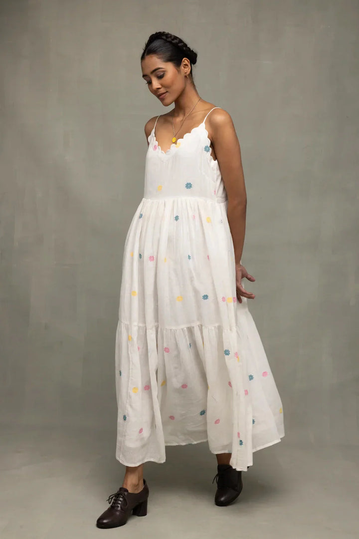 White Gulrang Pure Cotton Jamdani Dress | SHOBITAM