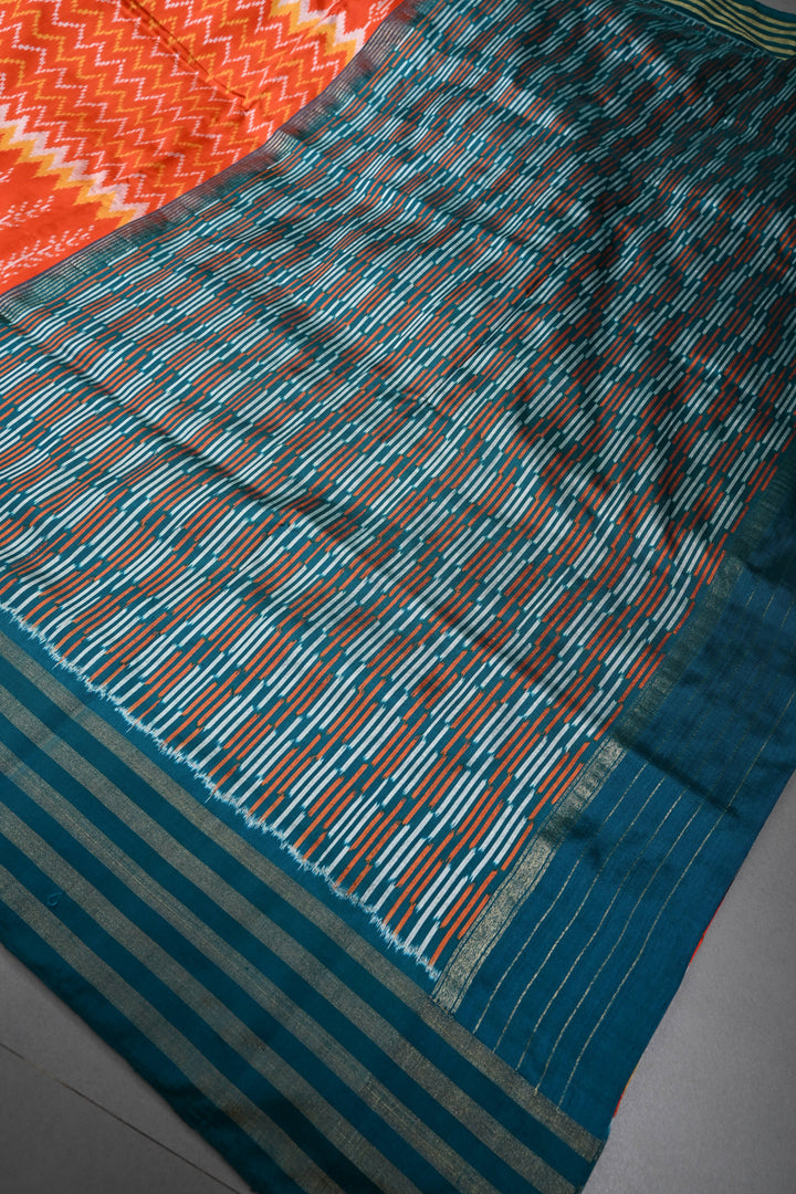 Flame Orange Pochampally Ikkat Pure Silk Saree with Multiple Panel Design and Contrast Tissue Stripes Border | SILK MARK CERTIFIED | SHOBITAM