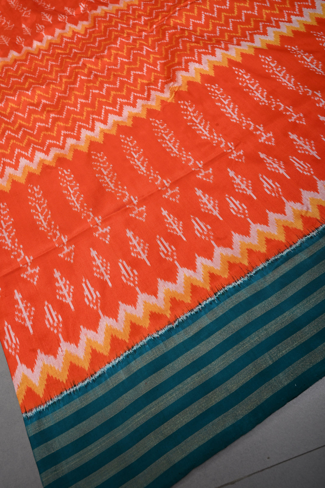 Flame Orange Pochampally Ikkat Pure Silk Saree with Multiple Panel Design and Contrast Tissue Stripes Border | SILK MARK CERTIFIED | SHOBITAM