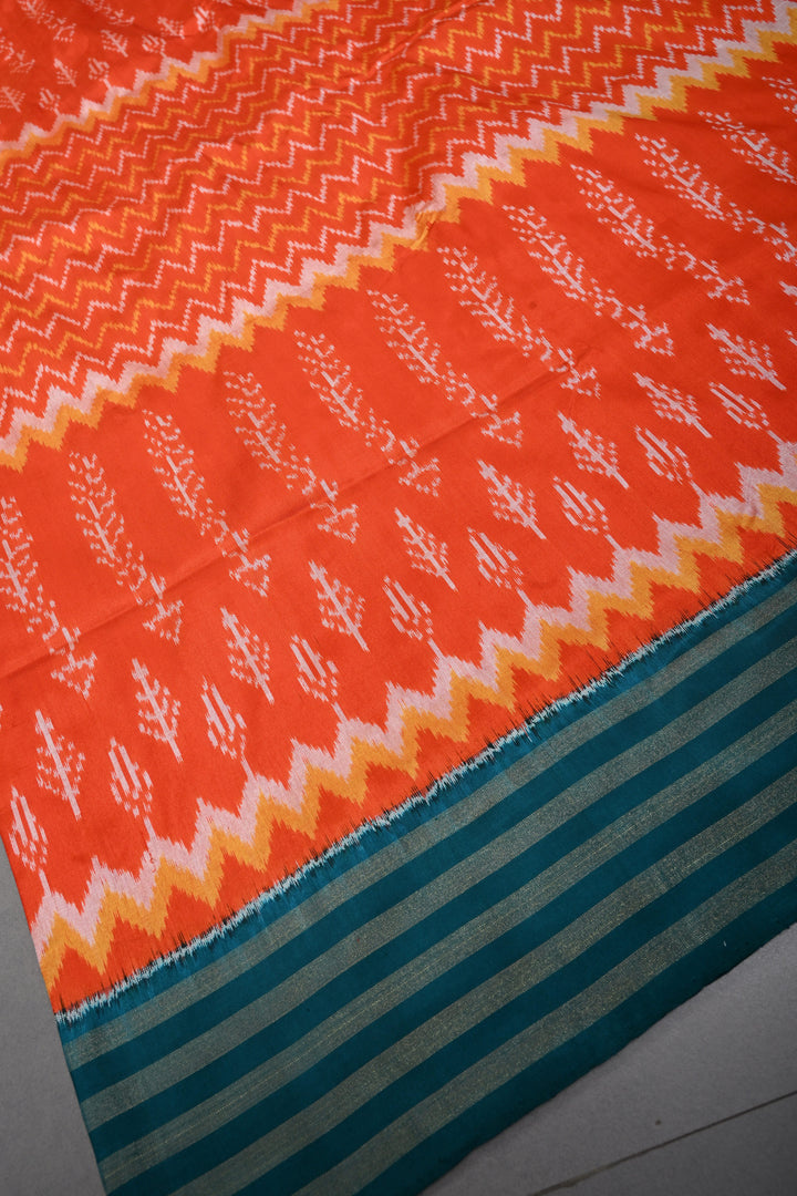 Flame Orange Pochampally Ikkat Pure Silk Saree with Multiple Panel Design and Contrast Tissue Stripes Border | SILK MARK CERTIFIED | SHOBITAM