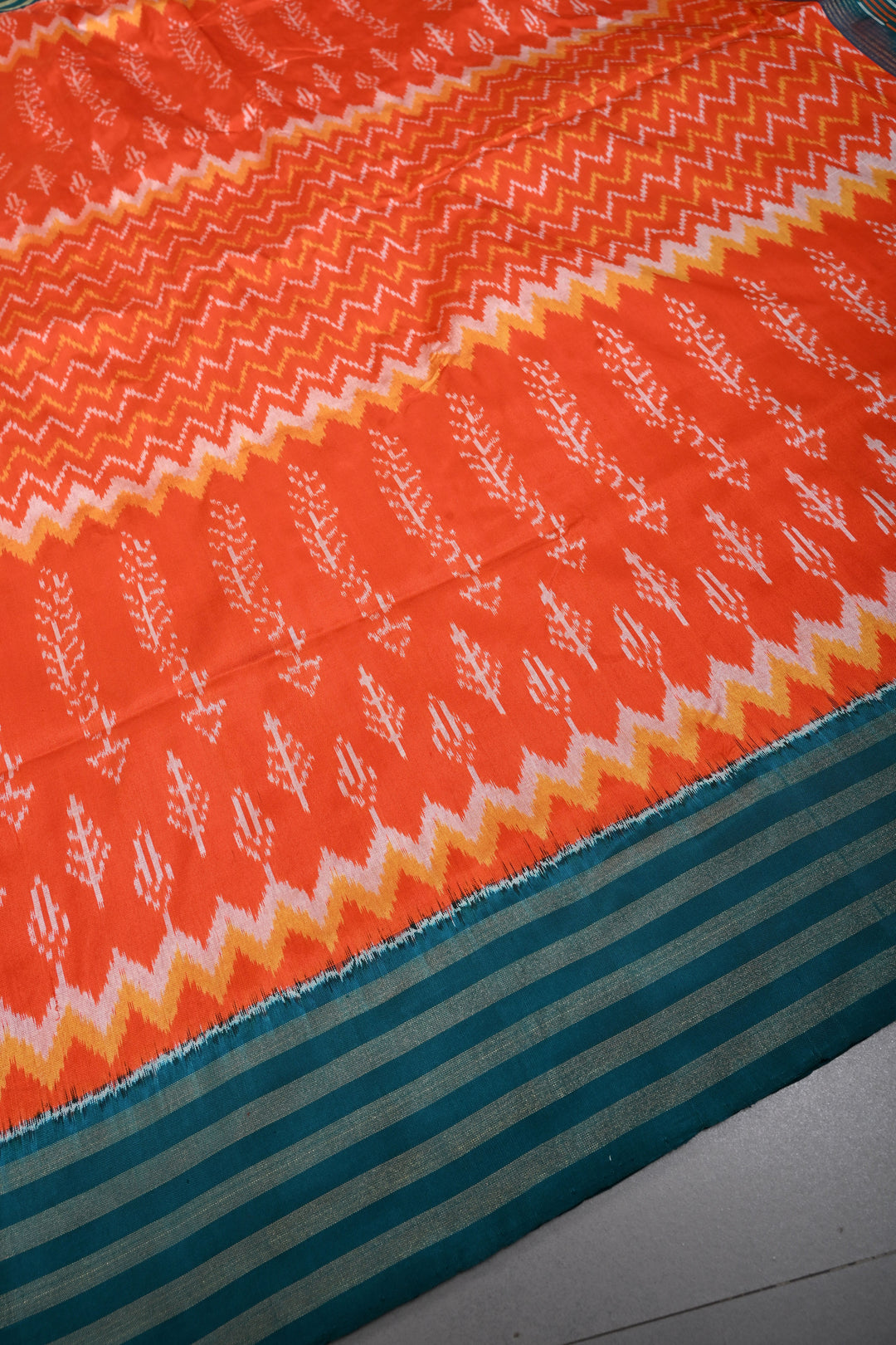 Flame Orange Pochampally Ikkat Pure Silk Saree with Multiple Panel Design and Contrast Tissue Stripes Border | SILK MARK CERTIFIED | SHOBITAM