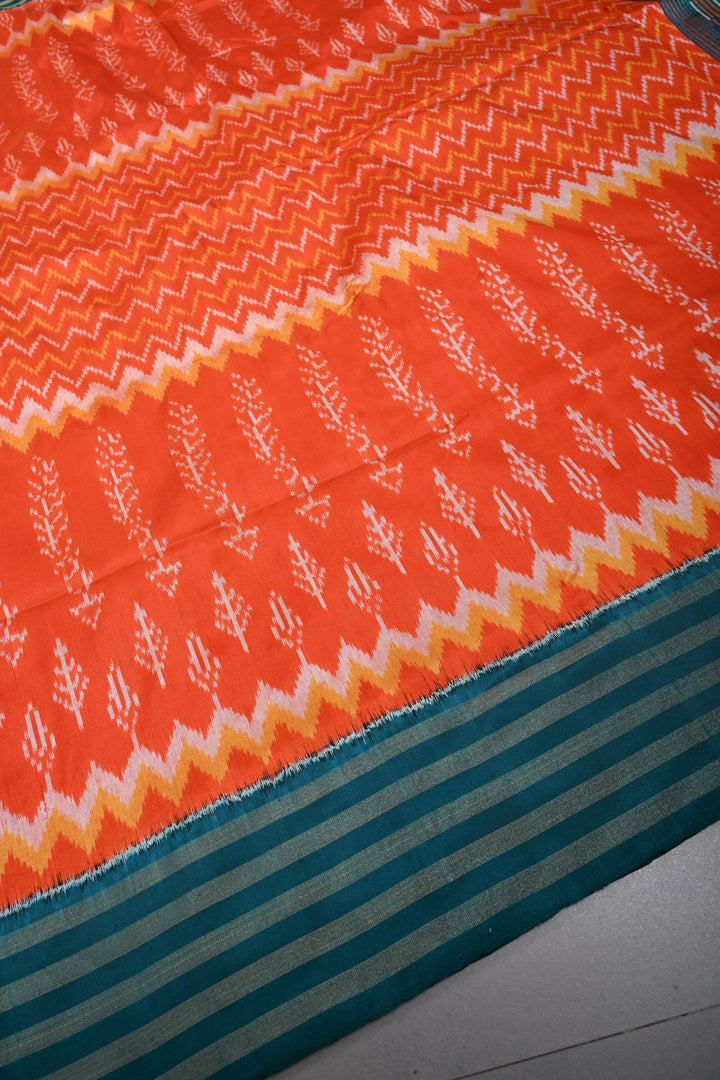 Flame Orange Pochampally Ikkat Pure Silk Saree with Multiple Panel Design and Contrast Tissue Stripes Border | SILK MARK CERTIFIED | SHOBITAM