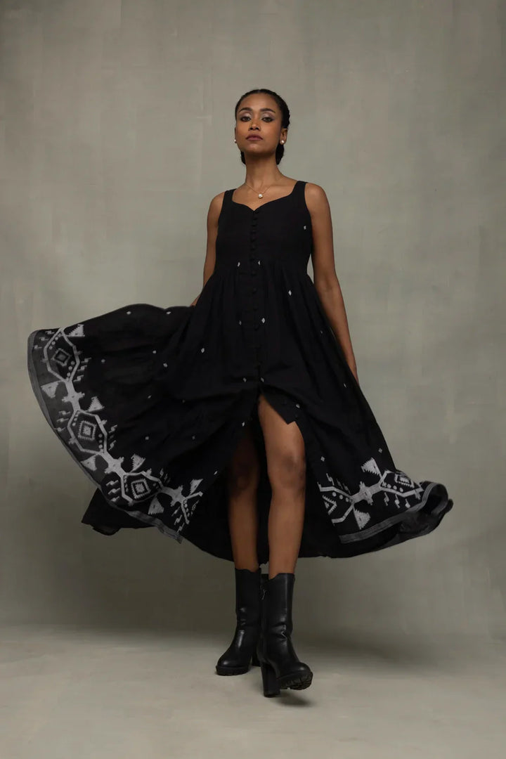 Midnight Black Handwoven Jamdani Tiered Midi Dress | SHOBITAM