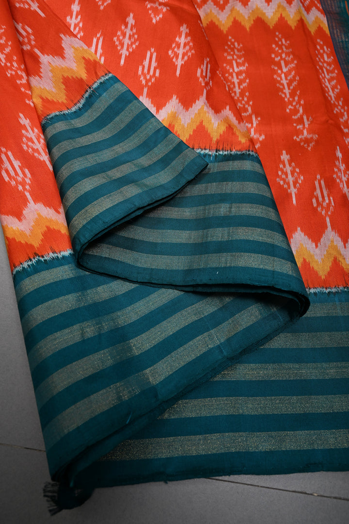 Flame Orange Pochampally Ikkat Pure Silk Saree with Multiple Panel Design and Contrast Tissue Stripes Border | SILK MARK CERTIFIED | SHOBITAM
