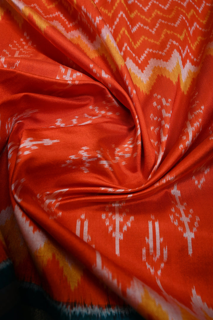 Flame Orange Pochampally Ikkat Pure Silk Saree with Multiple Panel Design and Contrast Tissue Stripes Border | SILK MARK CERTIFIED | SHOBITAM