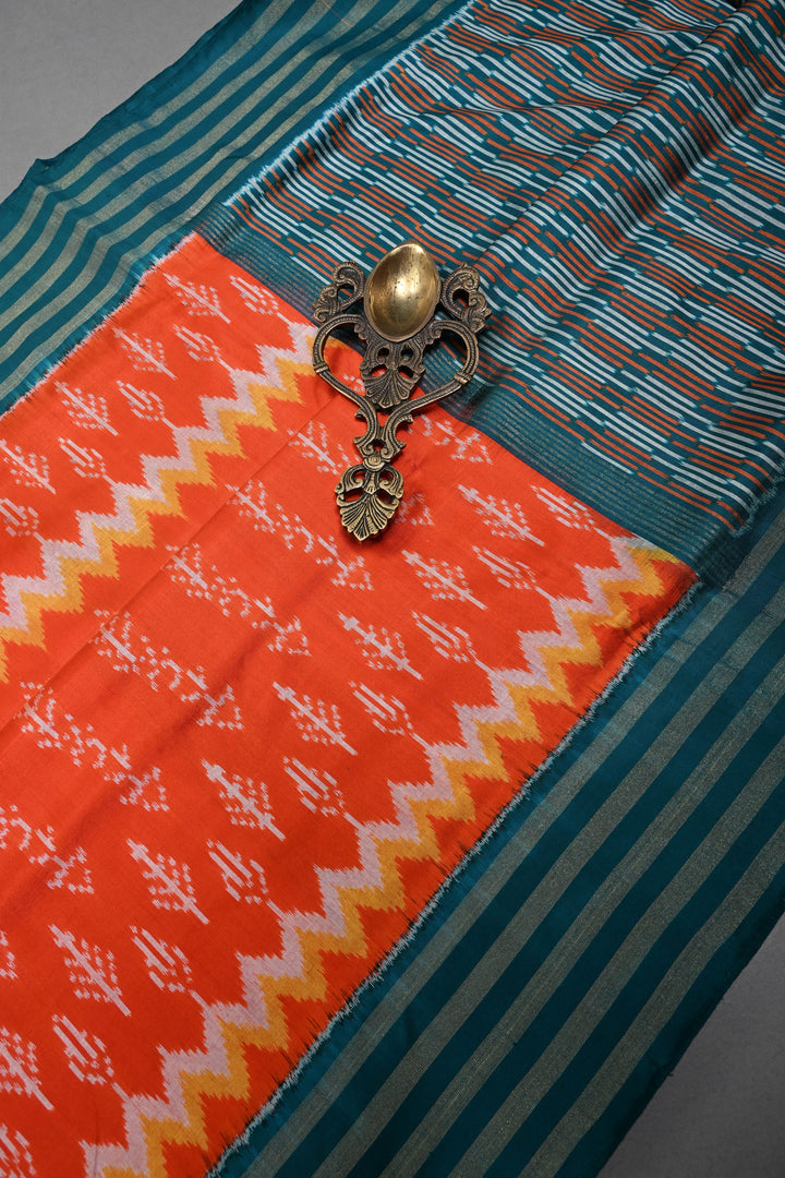 Flame Orange Pochampally Ikkat Pure Silk Saree with Multiple Panel Design and Contrast Tissue Stripes Border | SILK MARK CERTIFIED | SHOBITAM