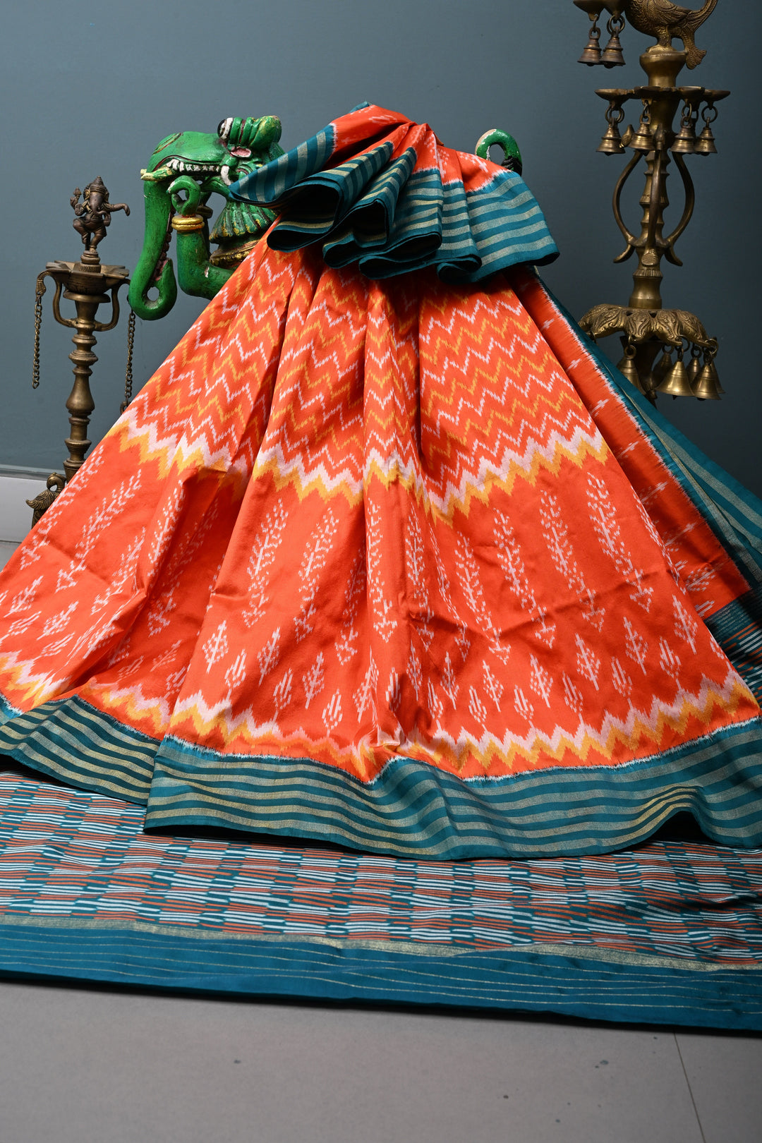 Flame Orange Pochampally Ikkat Pure Silk Saree with Multiple Panel Design and Contrast Tissue Stripes Border | SILK MARK CERTIFIED | SHOBITAM