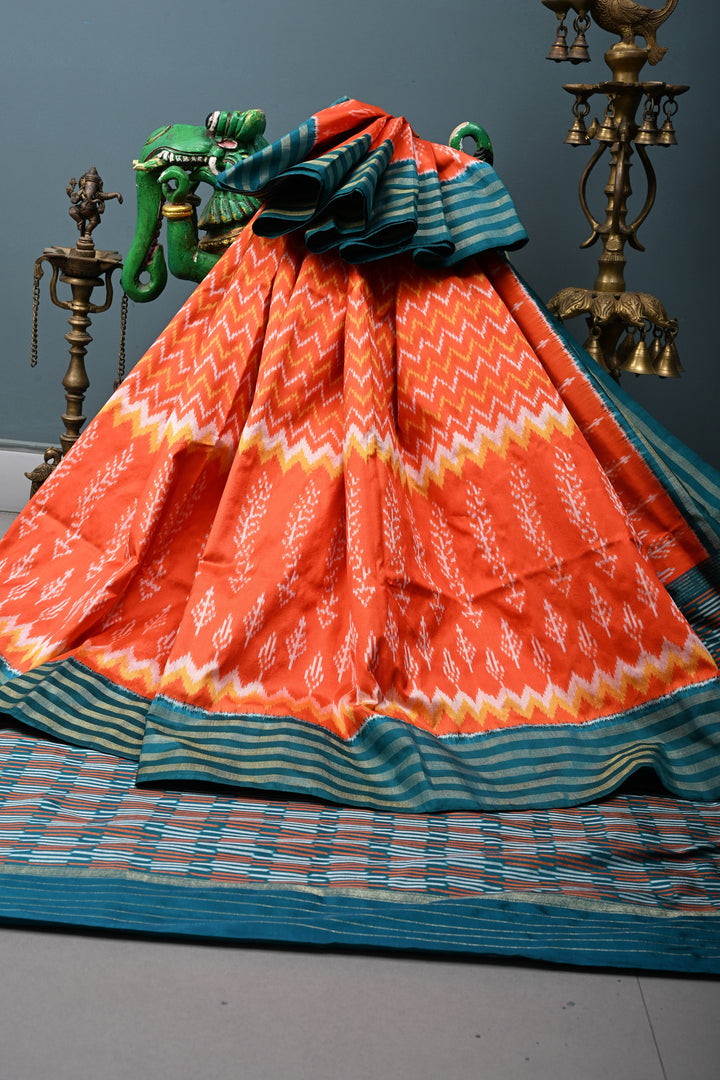 Flame Orange Pochampally Ikkat Pure Silk Saree with Multiple Panel Design and Contrast Tissue Stripes Border | SILK MARK CERTIFIED | SHOBITAM
