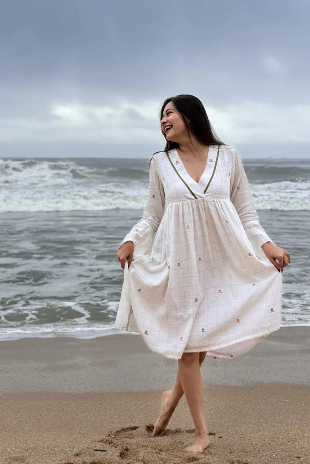 Spring Serenade White Jamdani Dress | SHOBITAM