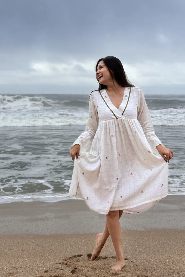 Spring Serenade White Jamdani Dress | SHOBITAM