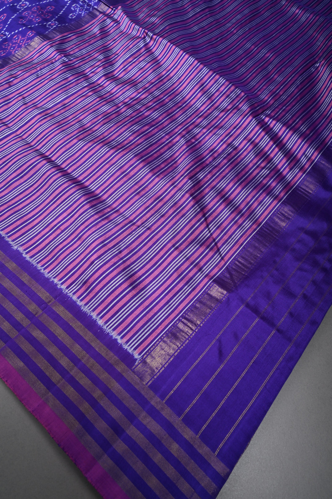 Lavender Pochampally Ikkat Pure Silk Saree with Kolam Design and Tissue Stripes Border | SILK MARK CERTIFIED | SHOBITAM