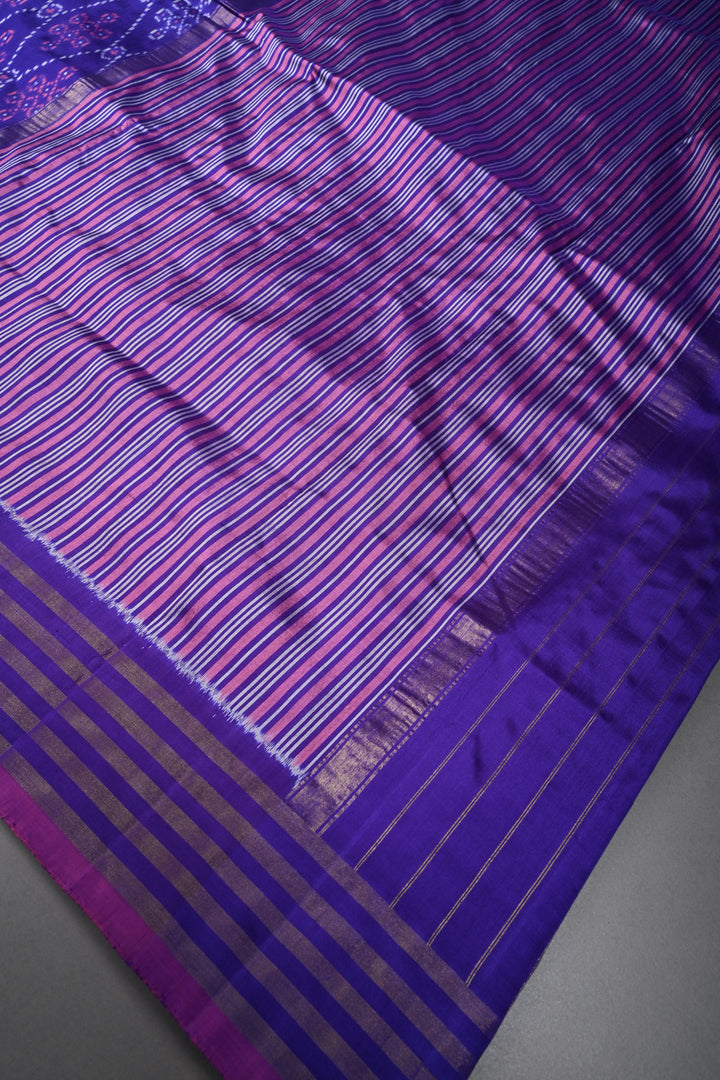 Lavender Pochampally Ikkat Pure Silk Saree with Kolam Design and Tissue Stripes Border | SILK MARK CERTIFIED | SHOBITAM