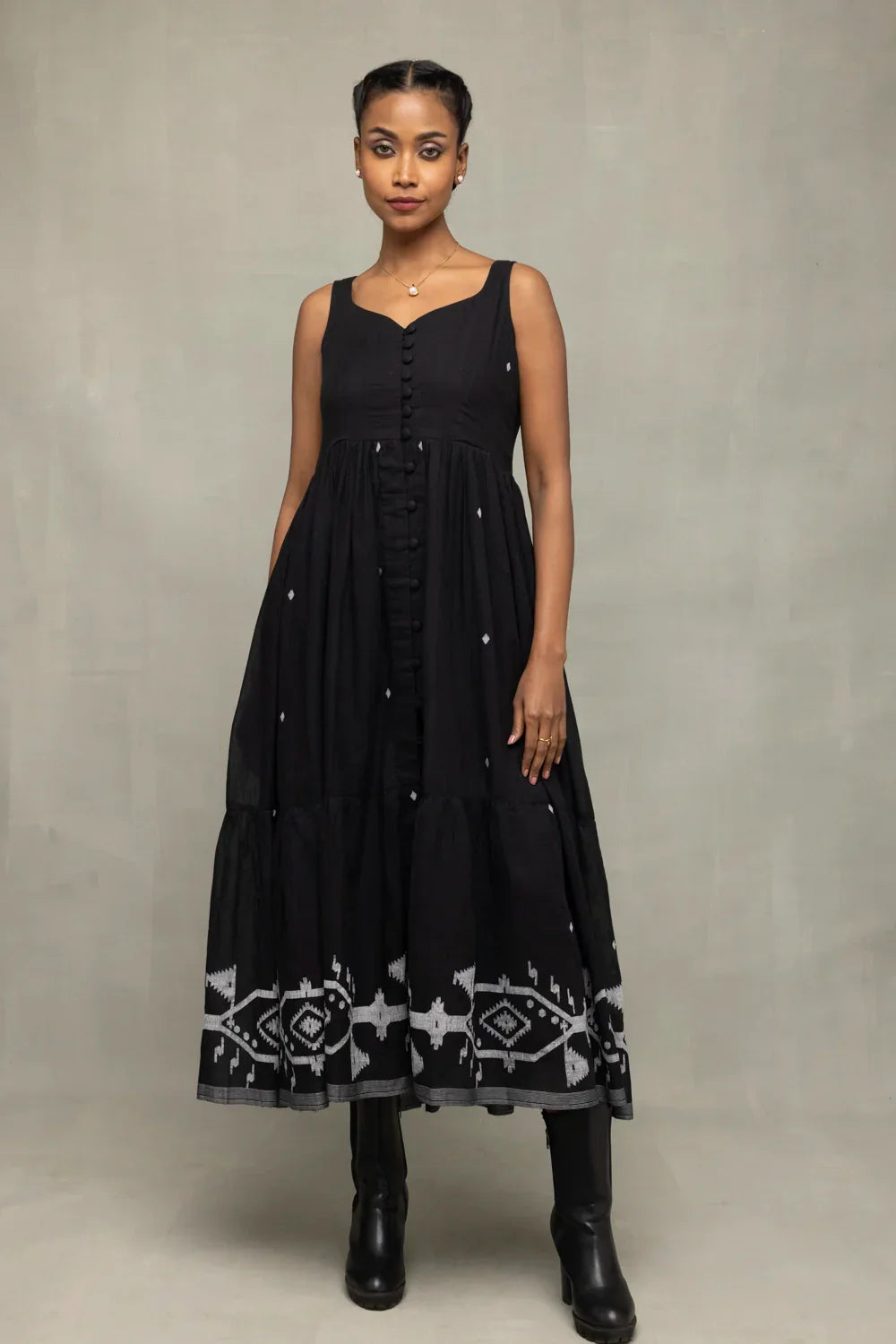 Midnight Black Handwoven Jamdani Tiered Midi Dress | SHOBITAM