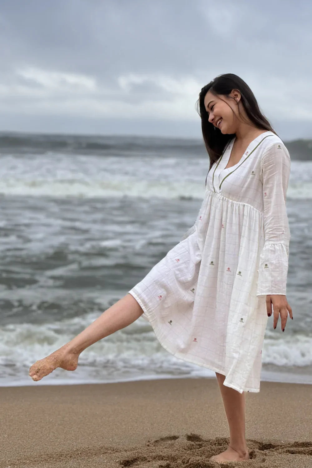 Spring Serenade White Jamdani Dress | SHOBITAM