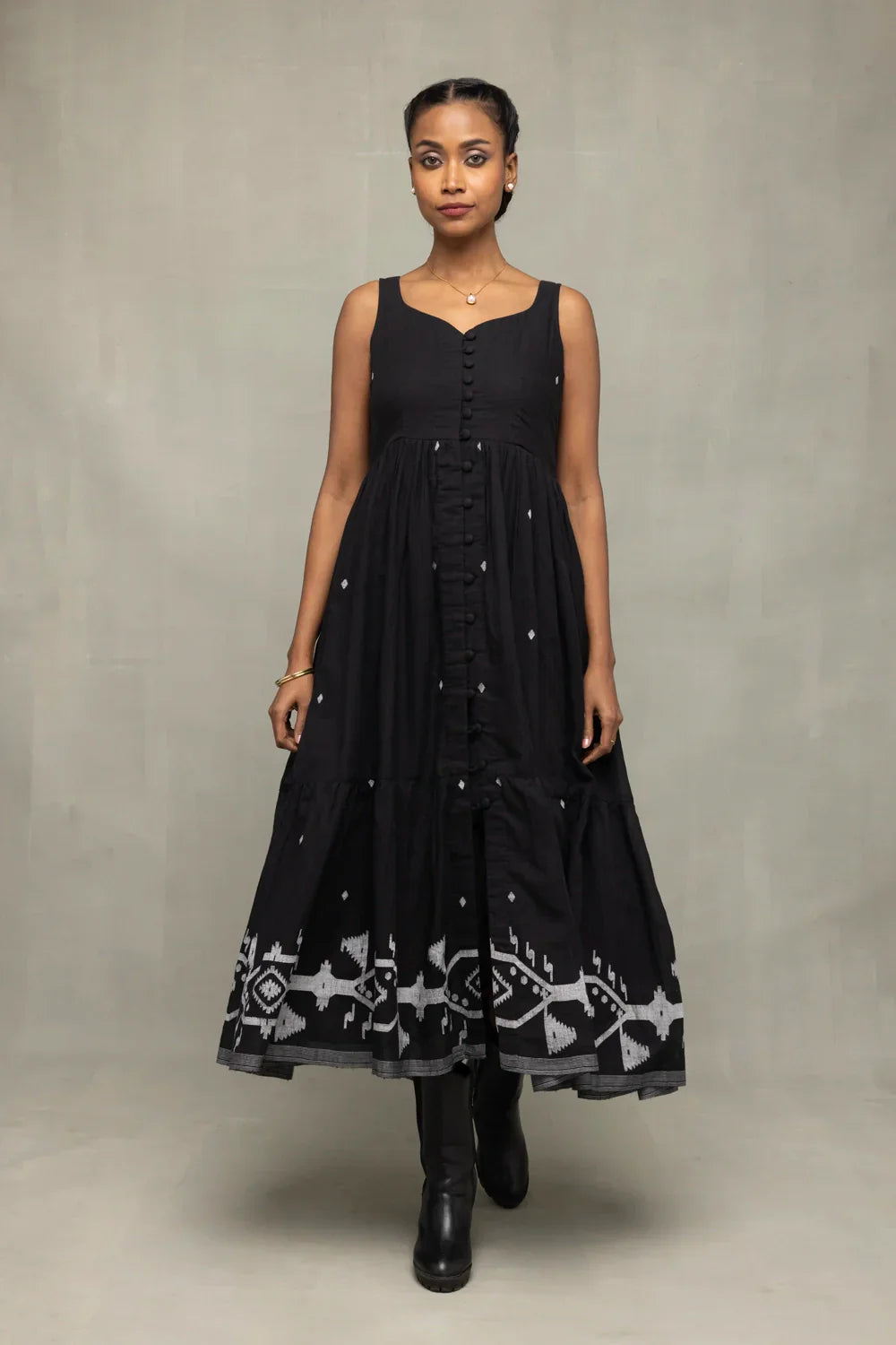 Midnight Black Handwoven Jamdani Tiered Midi Dress | SHOBITAM