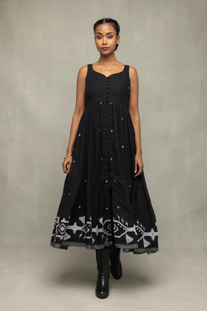 Midnight Black Handwoven Jamdani Tiered Midi Dress | SHOBITAM