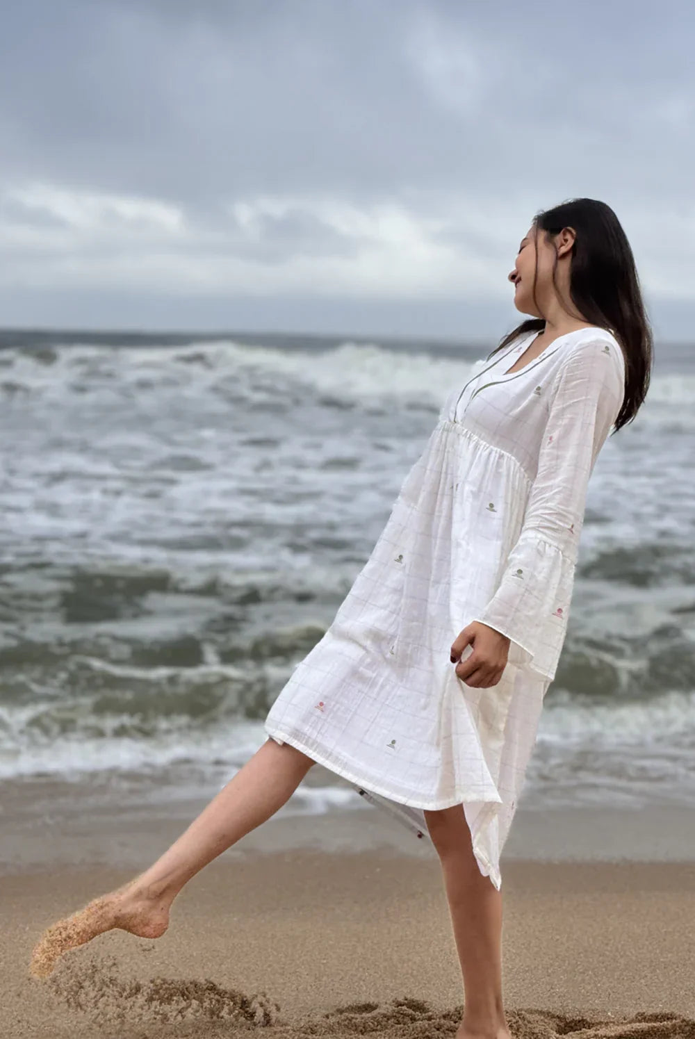 Spring Serenade White Jamdani Dress | SHOBITAM