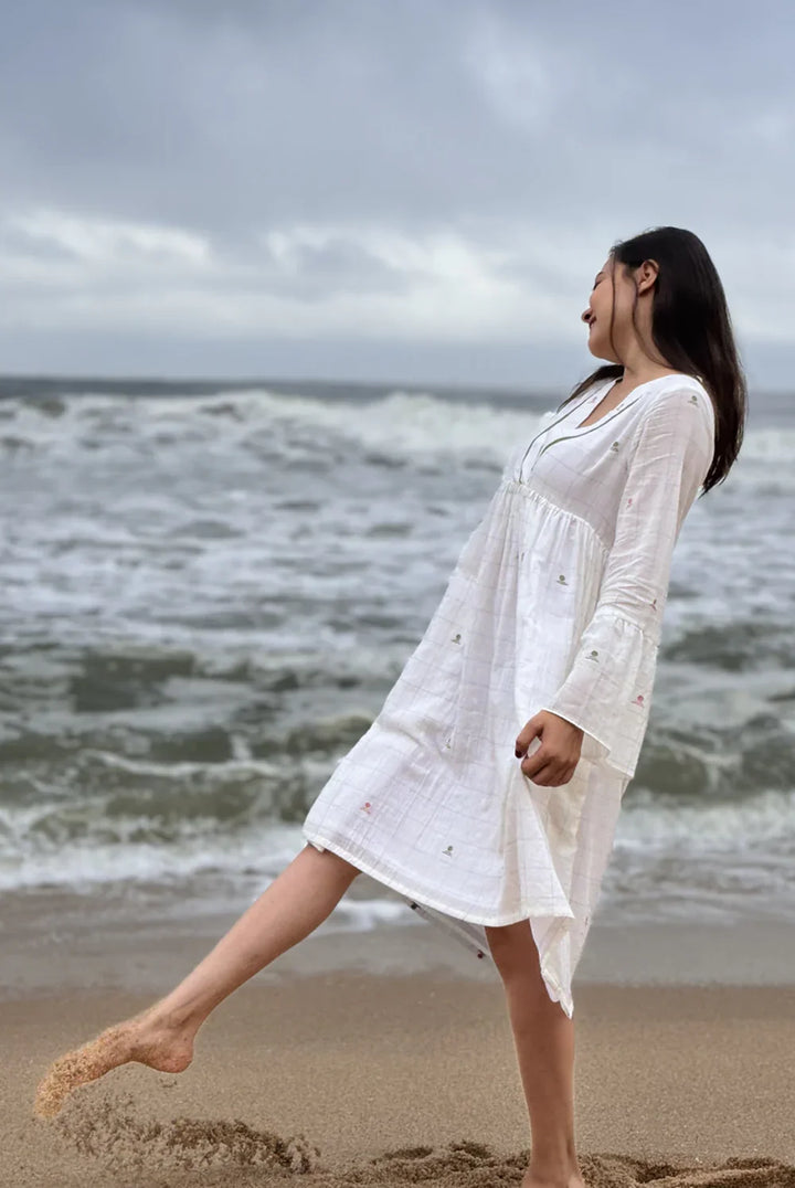 Spring Serenade White Jamdani Dress | SHOBITAM
