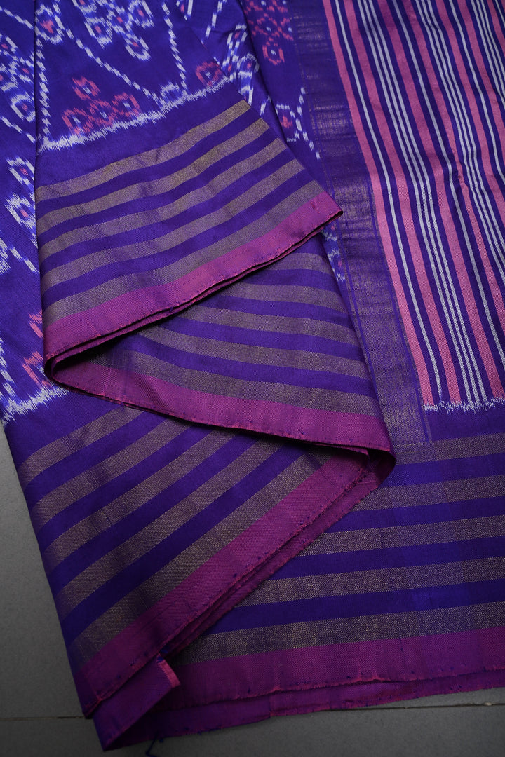 Lavender Pochampally Ikkat Pure Silk Saree with Kolam Design and Tissue Stripes Border | SILK MARK CERTIFIED | SHOBITAM