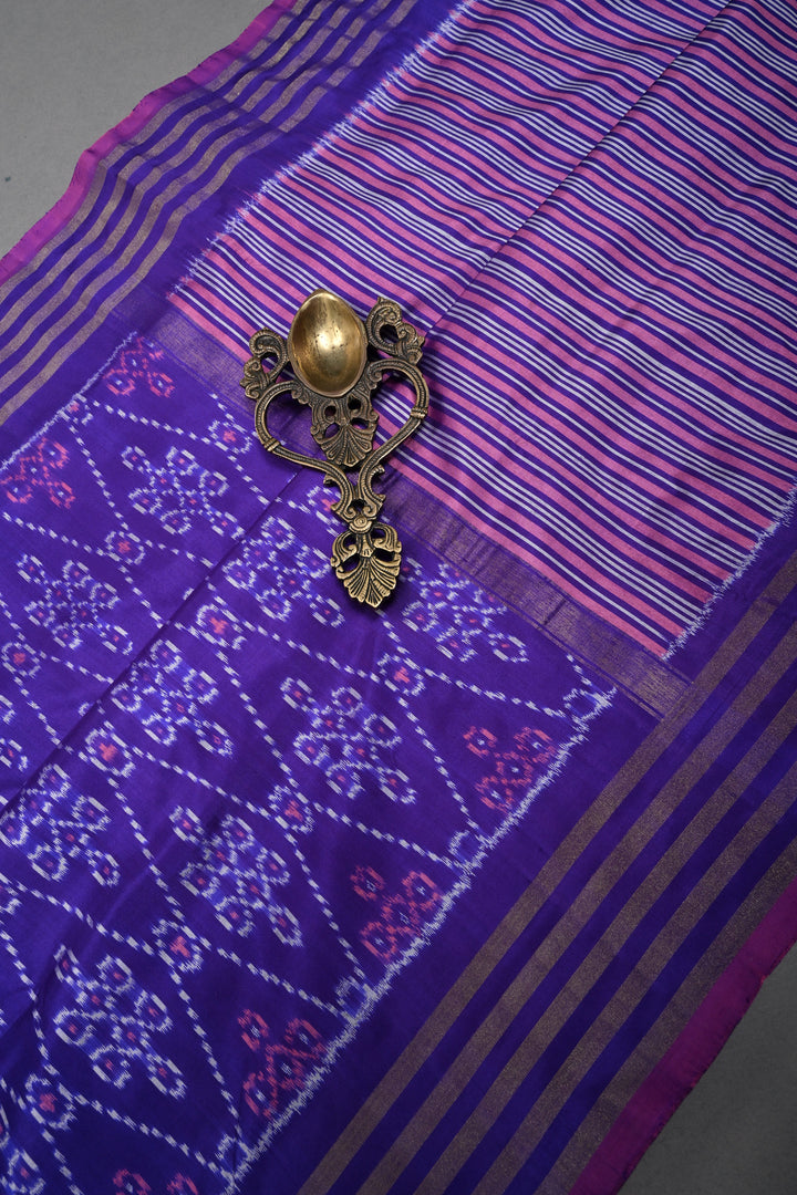 Lavender Pochampally Ikkat Pure Silk Saree with Kolam Design and Tissue Stripes Border | SILK MARK CERTIFIED | SHOBITAM