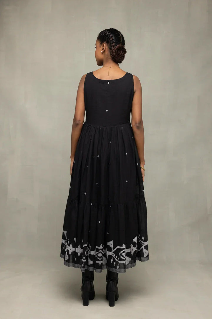 Midnight Black Handwoven Jamdani Tiered Midi Dress | SHOBITAM
