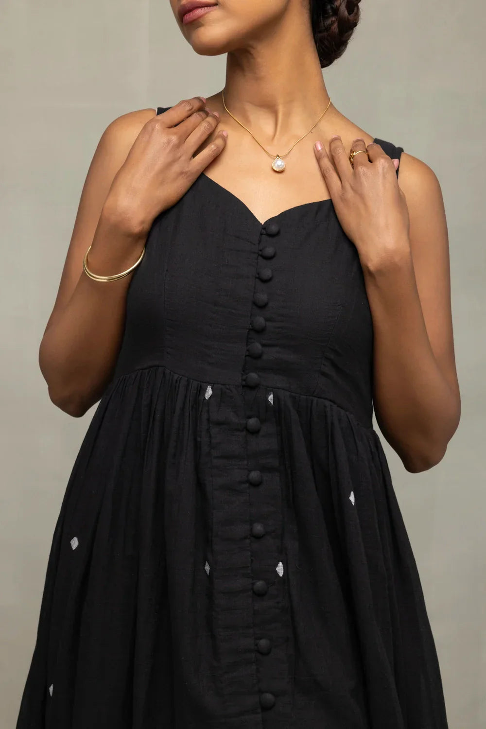 Midnight Black Handwoven Jamdani Tiered Midi Dress | SHOBITAM