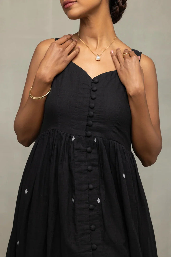 Midnight Black Handwoven Jamdani Tiered Midi Dress | SHOBITAM