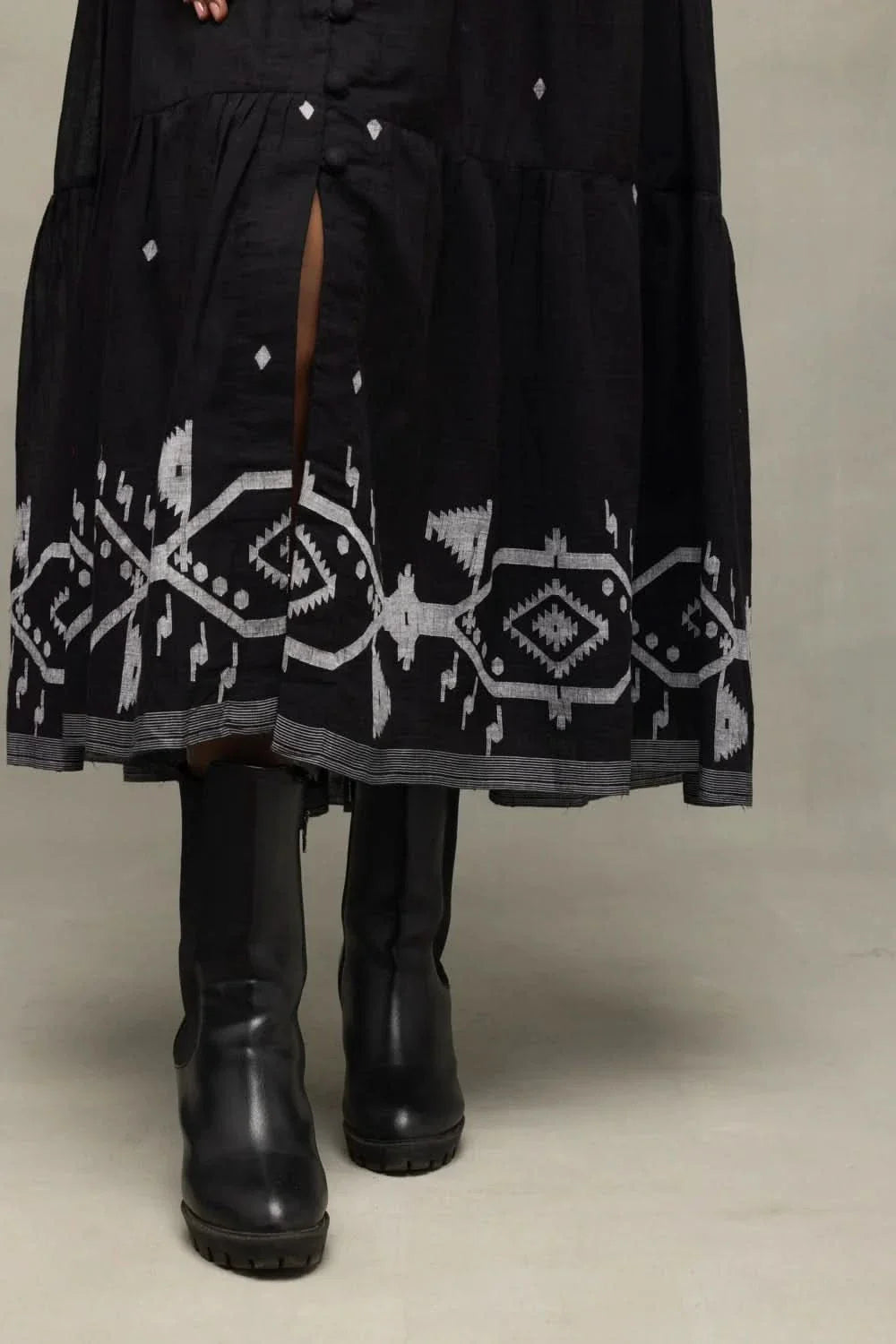 Midnight Black Handwoven Jamdani Tiered Midi Dress | SHOBITAM