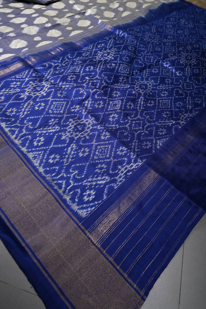 Light Blue Pochampally Ikkat Pure Silk Saree with Brocade and Tissue Border | SILK MARK CERTIFIED | SHOBITAM