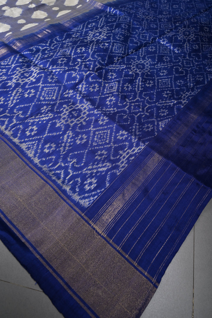 Light Blue Pochampally Ikkat Pure Silk Saree with Brocade and Tissue Border | SILK MARK CERTIFIED | SHOBITAM
