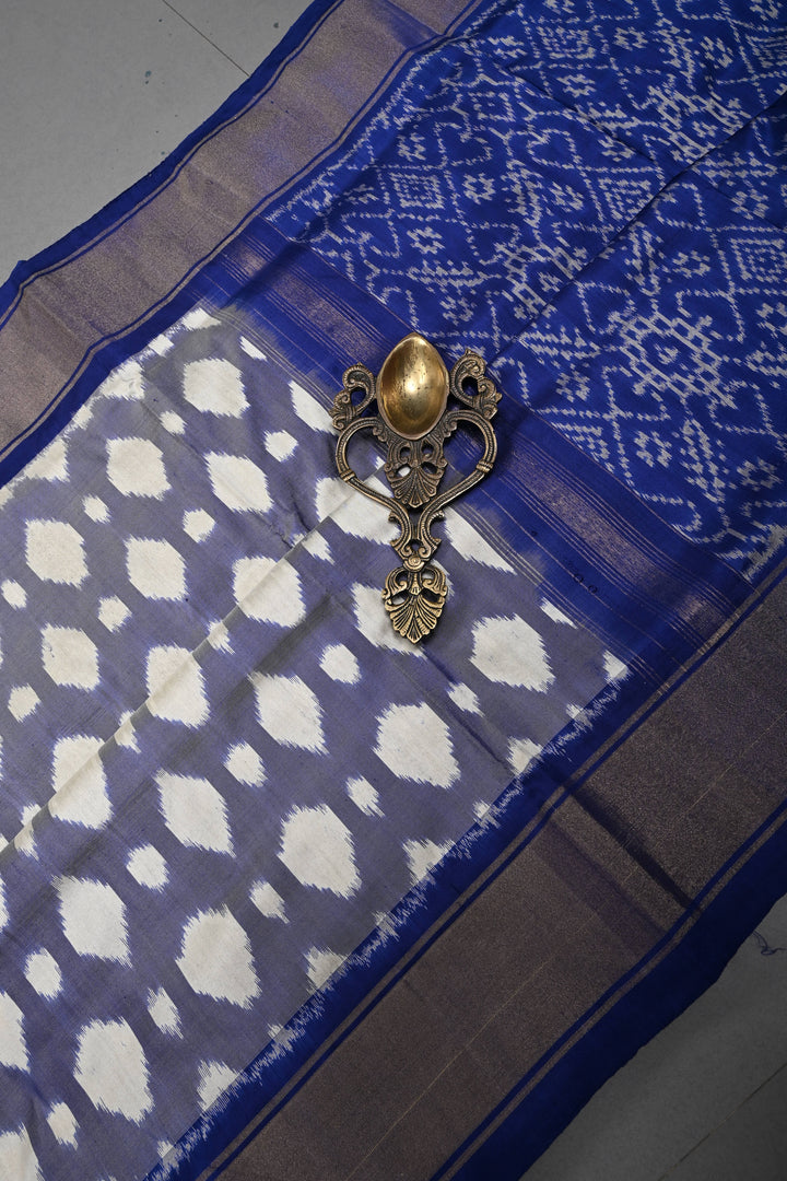 Light Blue Pochampally Ikkat Pure Silk Saree with Brocade and Tissue Border | SILK MARK CERTIFIED | SHOBITAM