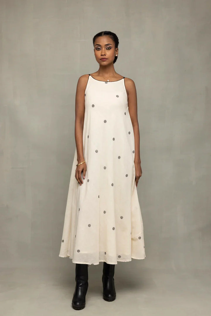Pearl White Trapeze Jamdani Handwoven Dress | SHOBITAM