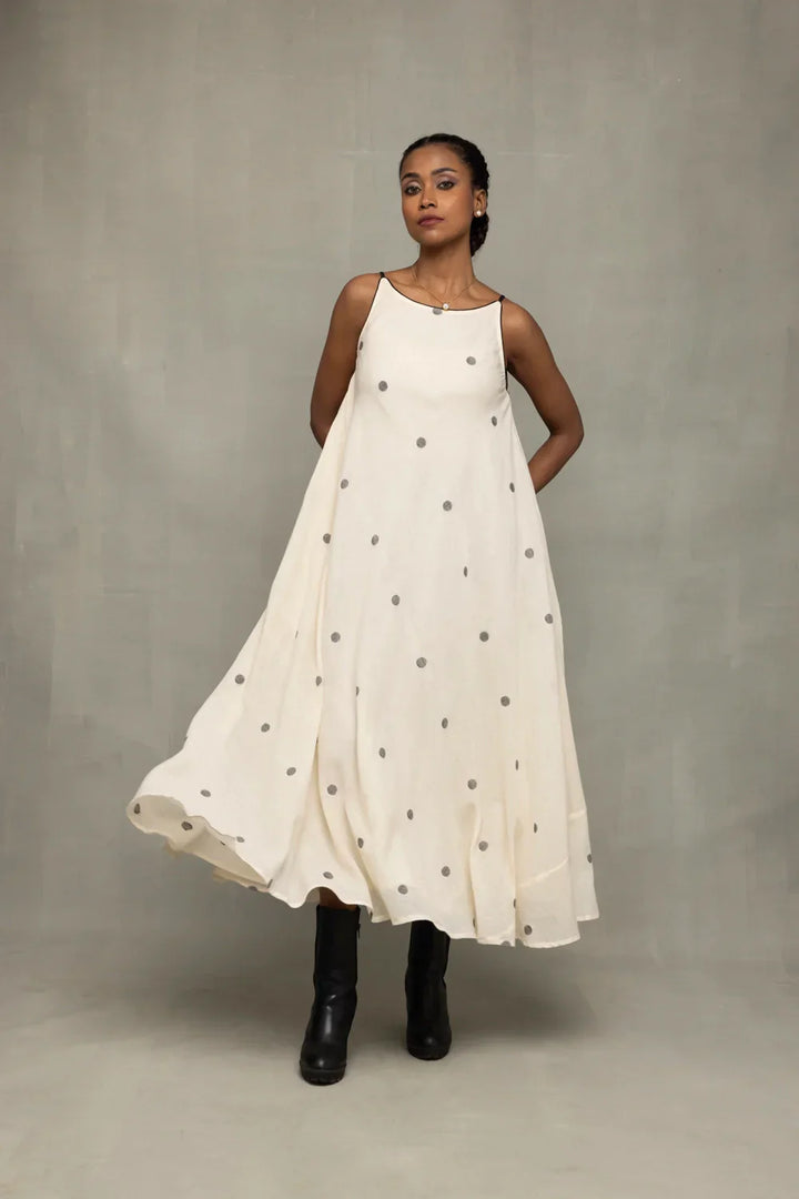 Pearl White Trapeze Jamdani Handwoven Dress | SHOBITAM