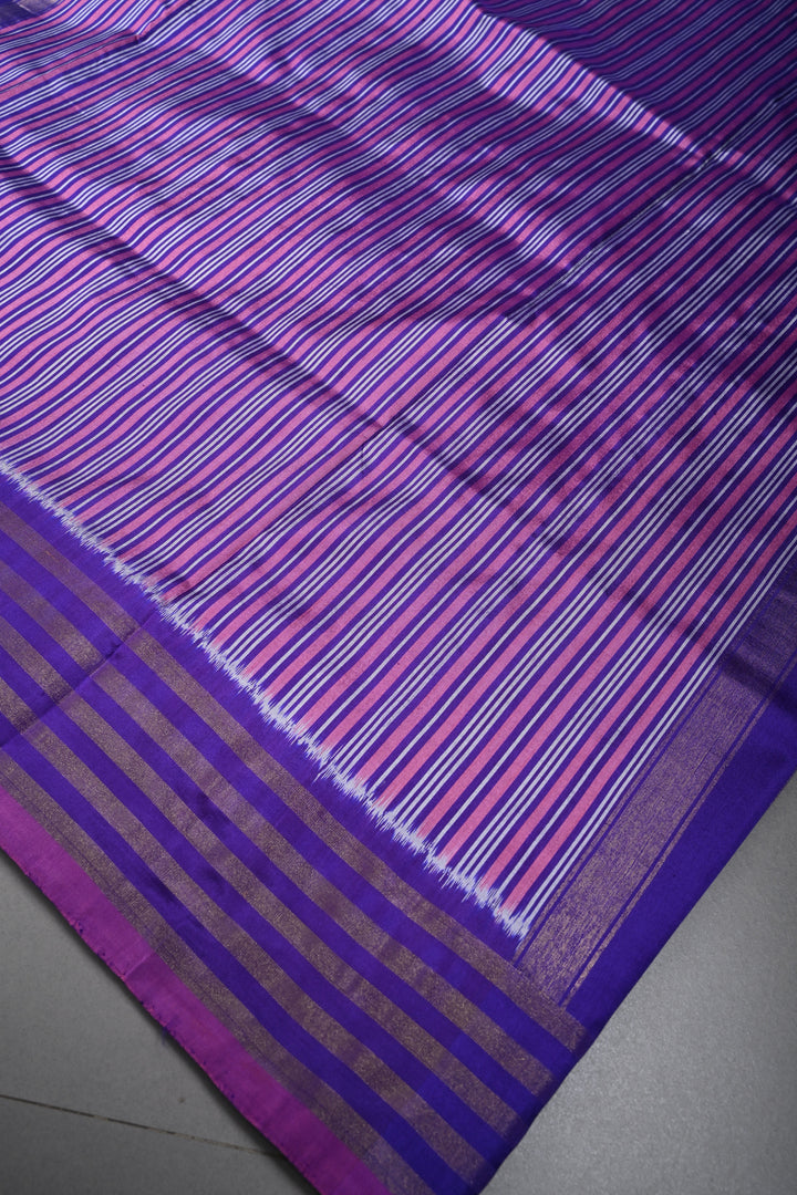 Ink Purple Pochampally Ikkat Pure Silk Saree with Multiple Panel Design and Tissue Stripes Border | SILK MARK CERTIFIED | SHOBITAM