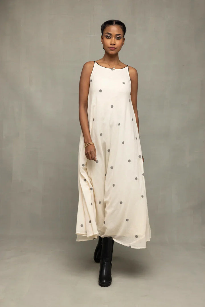 Pearl White Trapeze Jamdani Handwoven Dress | SHOBITAM