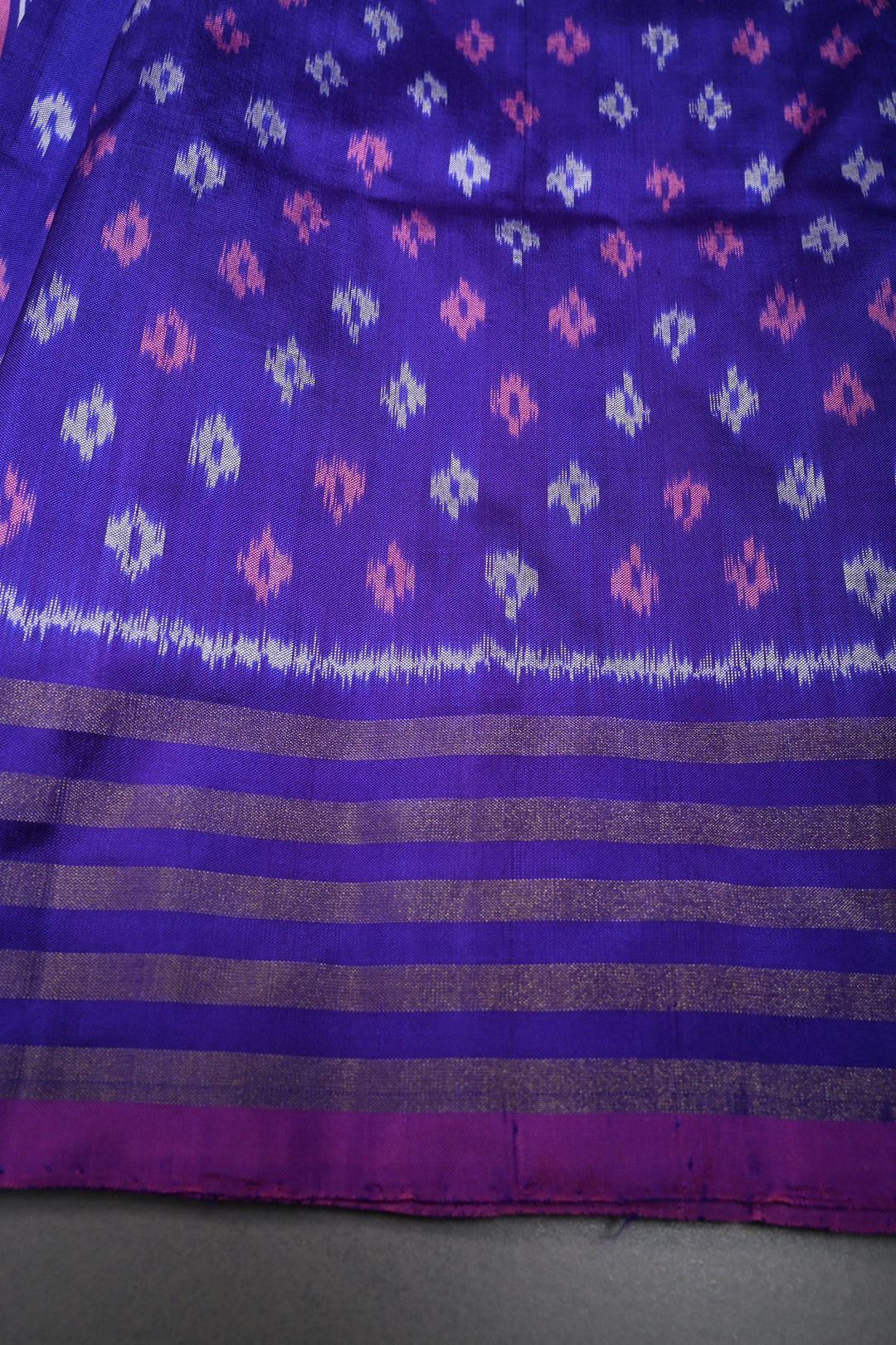 Ink Purple Pochampally Ikkat Pure Silk Saree with Multiple Panel Design and Tissue Stripes Border | SILK MARK CERTIFIED | SHOBITAM