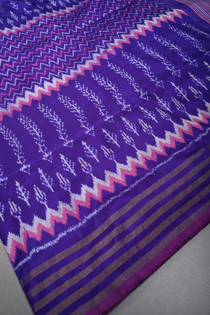 Ink Purple Pochampally Ikkat Pure Silk Saree with Multiple Panel Design and Tissue Stripes Border | SILK MARK CERTIFIED | SHOBITAM