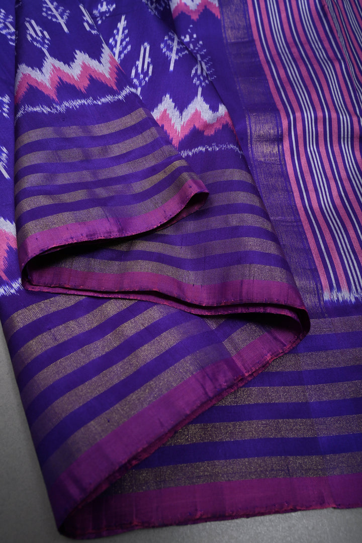 Ink Purple Pochampally Ikkat Pure Silk Saree with Multiple Panel Design and Tissue Stripes Border | SILK MARK CERTIFIED | SHOBITAM