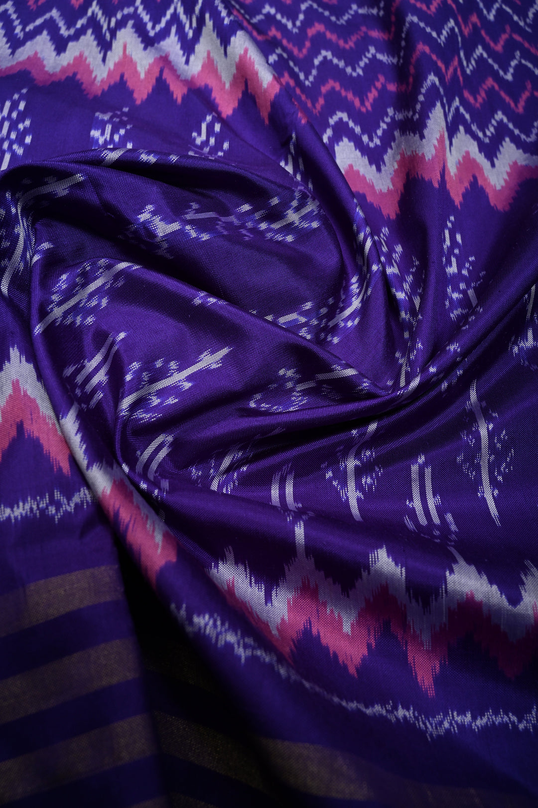 Ink Purple Pochampally Ikkat Pure Silk Saree with Multiple Panel Design and Tissue Stripes Border | SILK MARK CERTIFIED | SHOBITAM