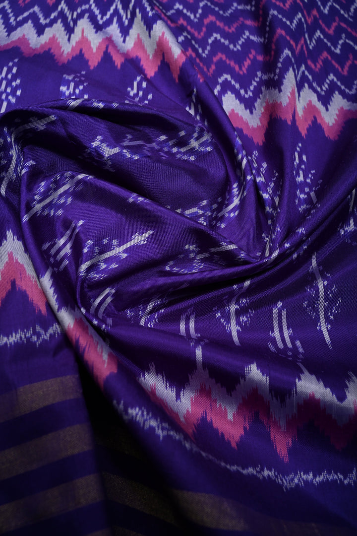 Ink Purple Pochampally Ikkat Pure Silk Saree with Multiple Panel Design and Tissue Stripes Border | SILK MARK CERTIFIED | SHOBITAM
