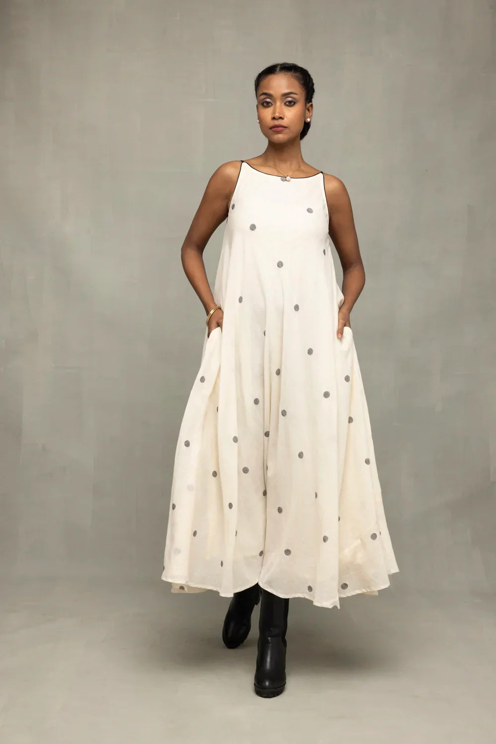 Pearl White Trapeze Jamdani Handwoven Dress | SHOBITAM