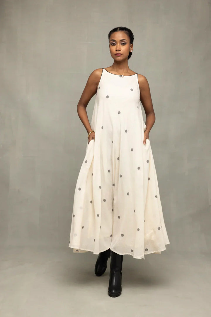 Pearl White Trapeze Jamdani Handwoven Dress | SHOBITAM