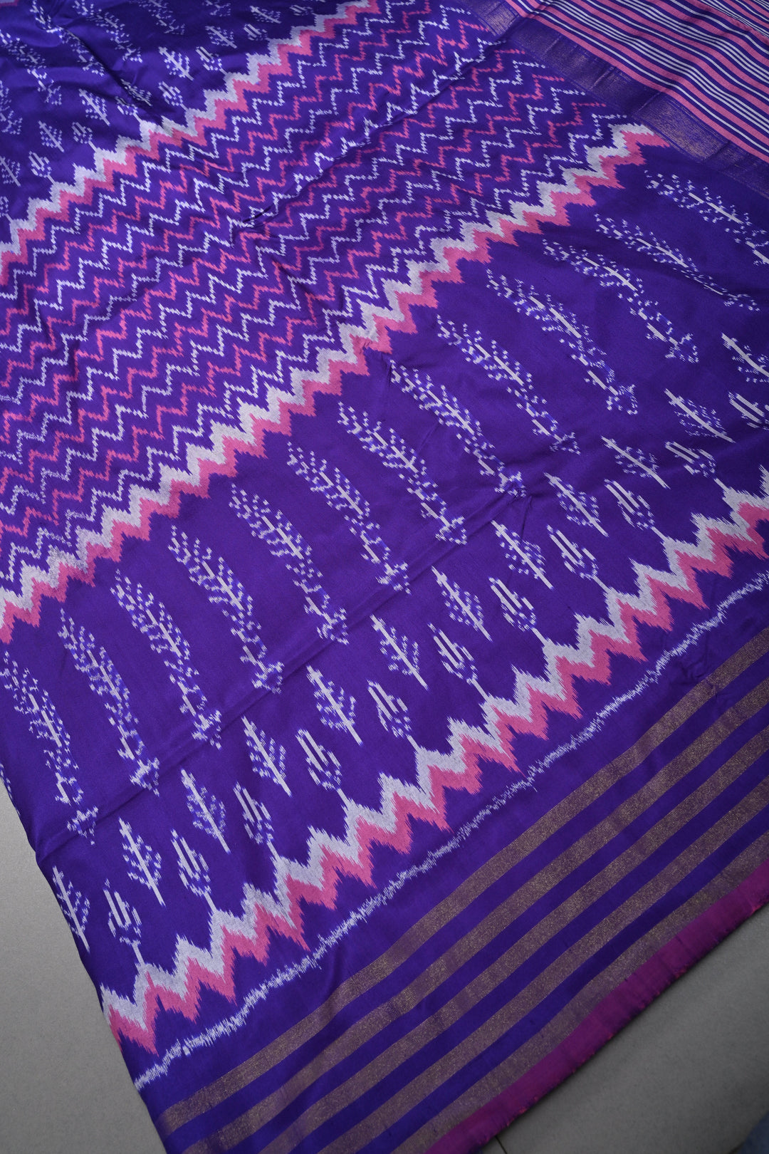 Ink Purple Pochampally Ikkat Pure Silk Saree with Multiple Panel Design and Tissue Stripes Border | SILK MARK CERTIFIED | SHOBITAM