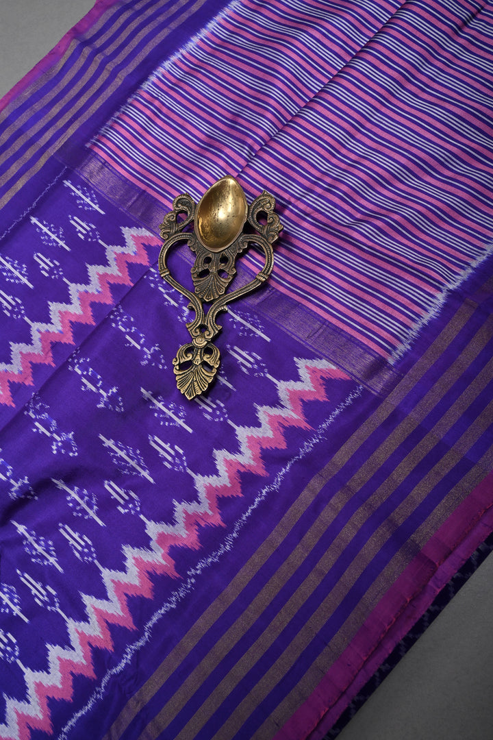 Ink Purple Pochampally Ikkat Pure Silk Saree with Multiple Panel Design and Tissue Stripes Border | SILK MARK CERTIFIED | SHOBITAM