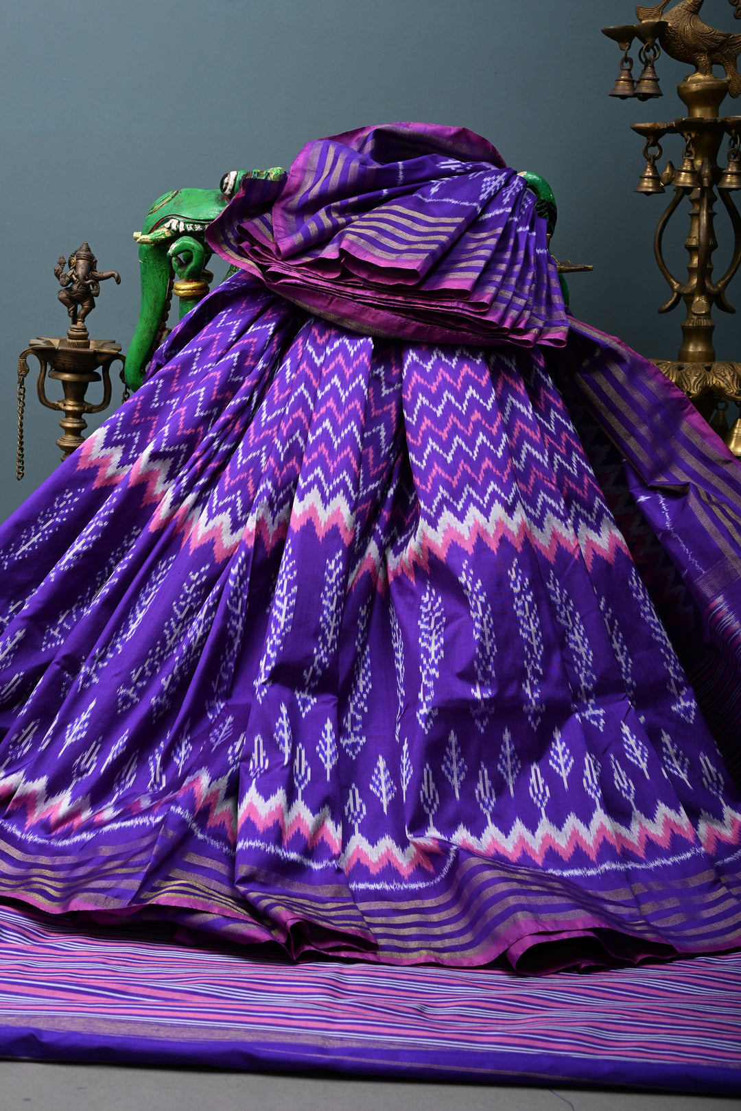 Ink Purple Pochampally Ikkat Pure Silk Saree with Multiple Panel Design and Tissue Stripes Border | SILK MARK CERTIFIED | SHOBITAM