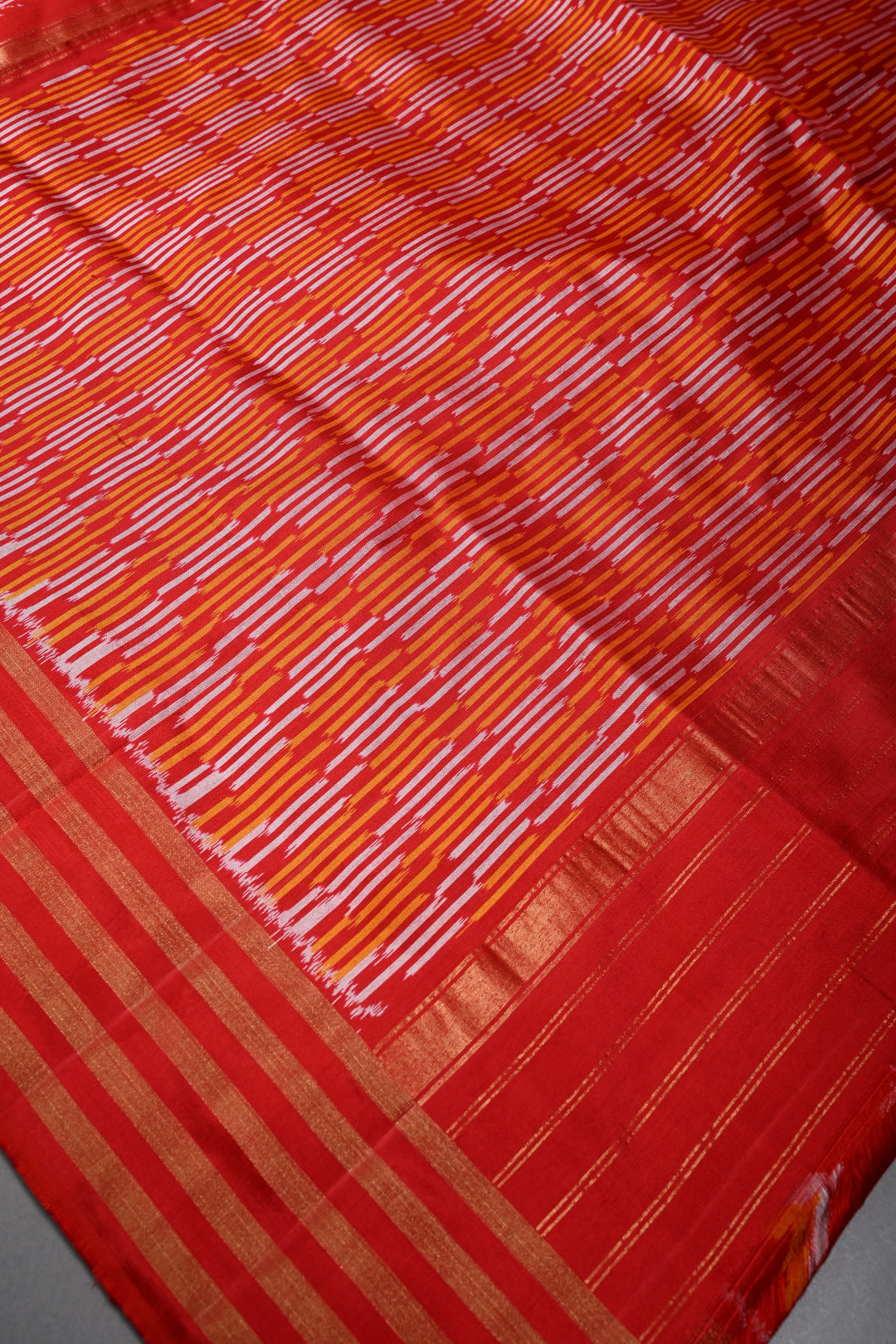 Red Pochampally Ikkat Pure Silk Saree with Multiple Panel Design and Stripes Zari Border | SILK MARK CERTIFIED | SHOBITAM